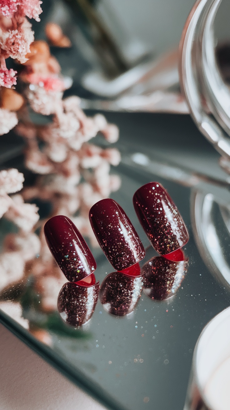 Three sparkling cherry red nails displayed on a reflective surface.