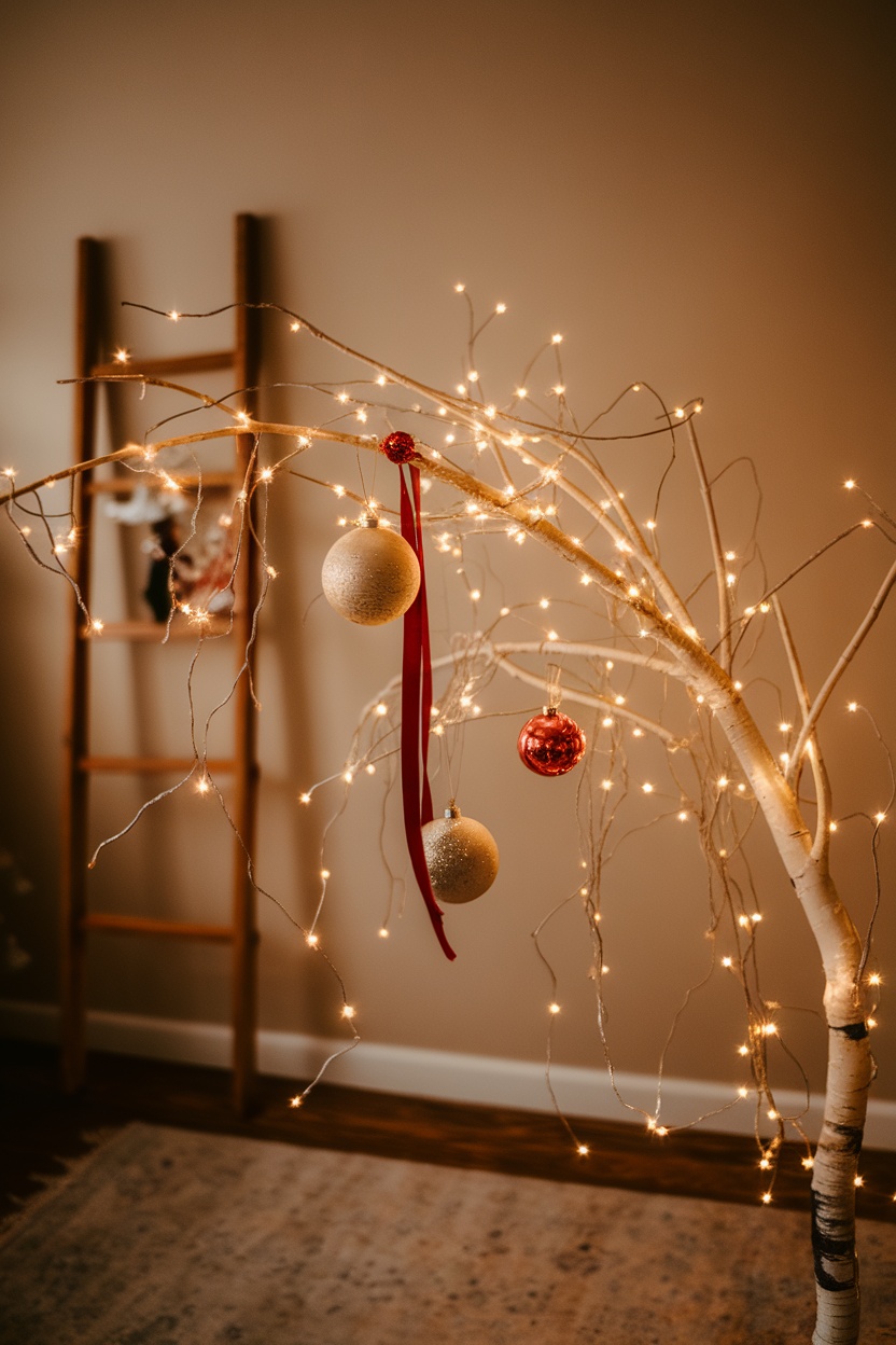 Delicate fairy lights on bare branches with ornaments hanging, creating a cozy atmosphere.