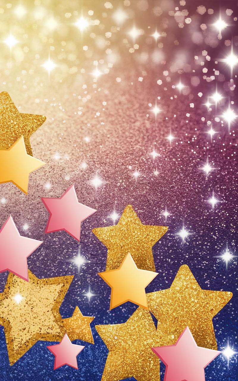 A colorful glitter background featuring stars and sparkles.