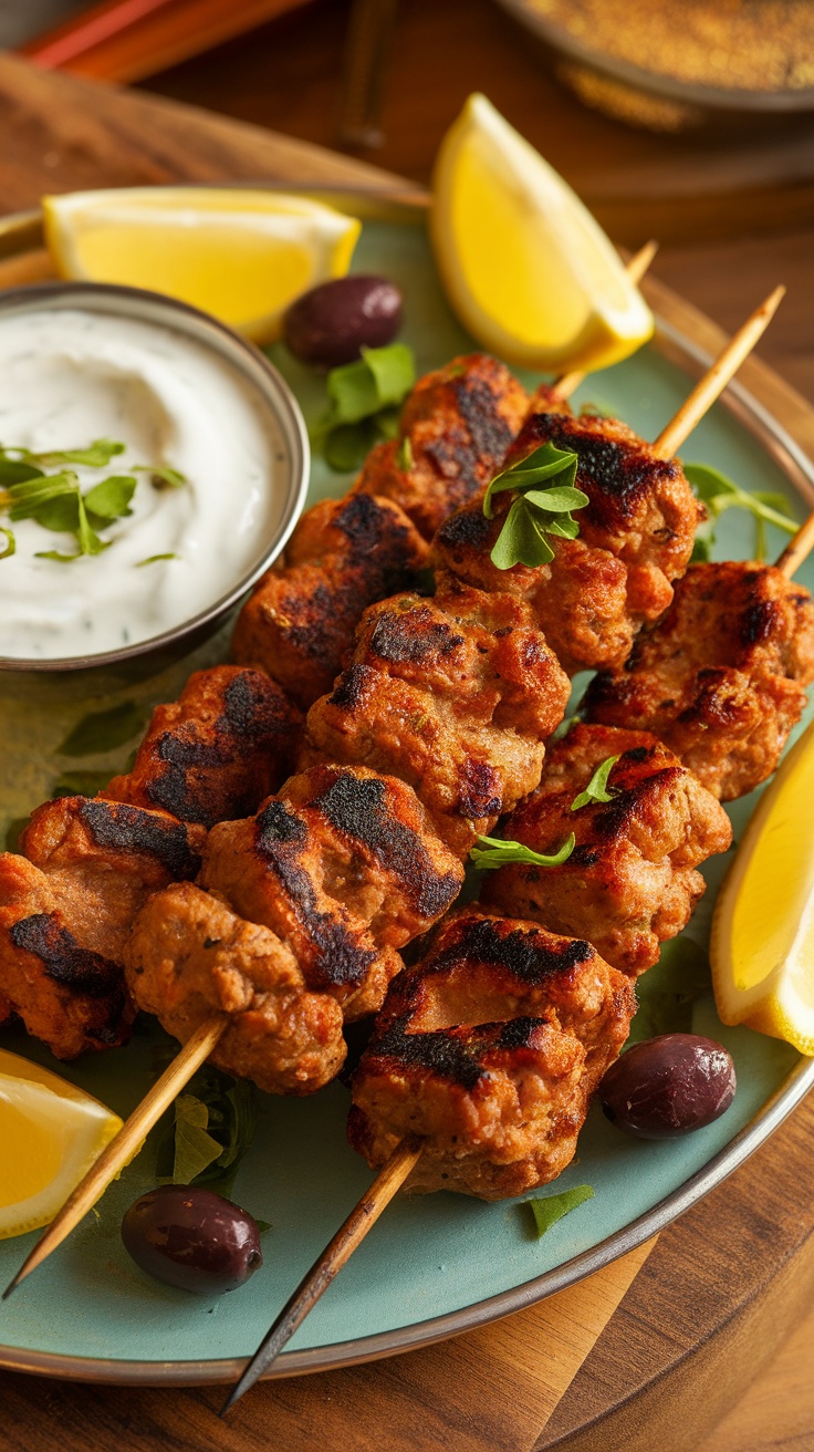 Spicy Beef Kofta skewers served with yogurt sauce and lemon wedges