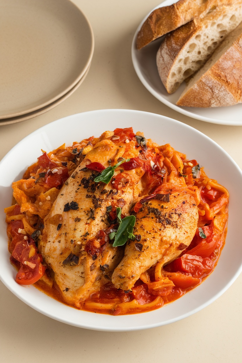 Plate of Spicy Chicken Arrabbiata with two chicken breasts on top of pasta in a rich tomato sauce.