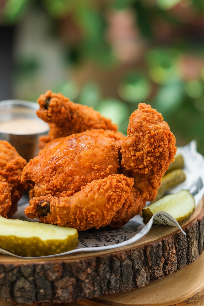 Spicy Pickle Brined Fried Chicken with pickles on the side