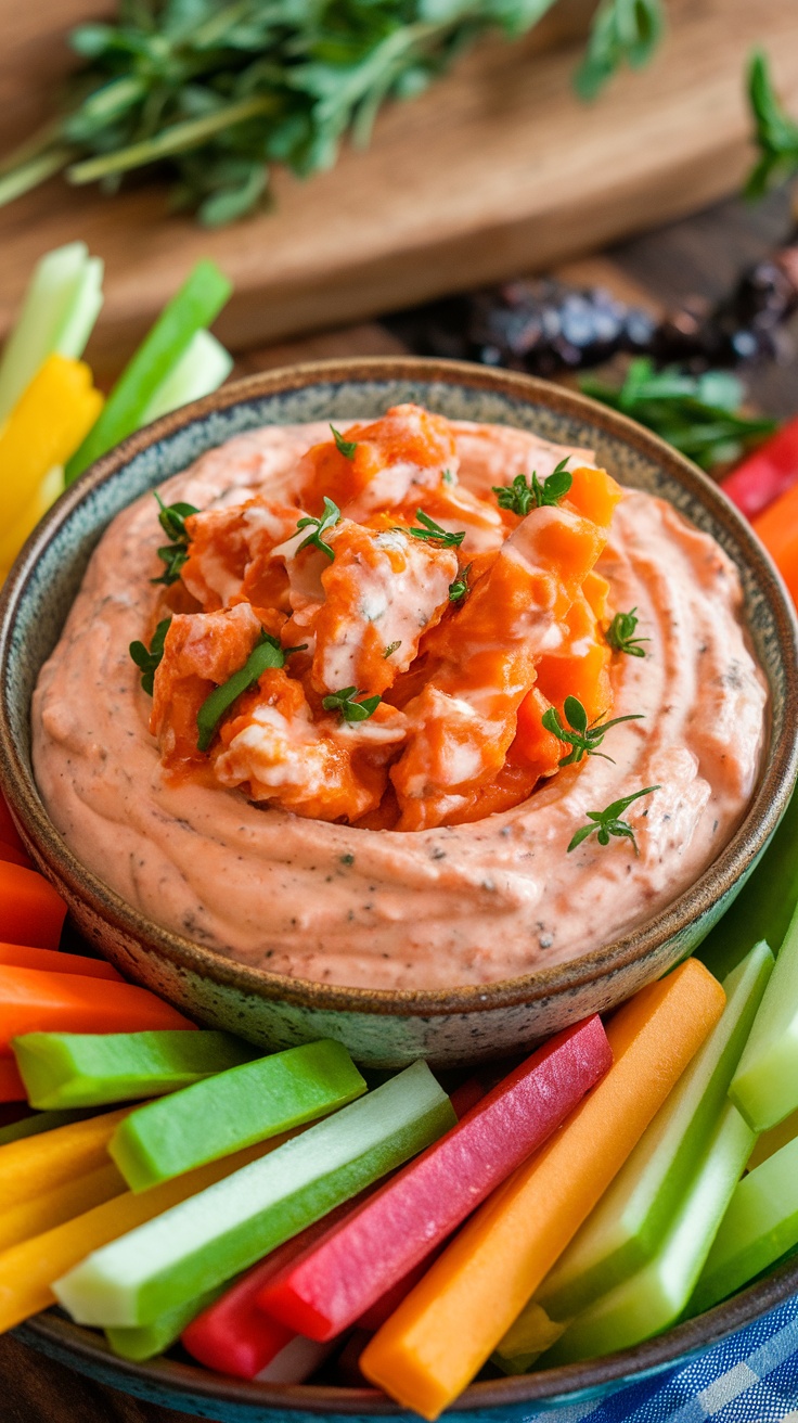 A bowl of Spicy Ranch Buffalo Chicken Dip surrounded by fresh vegetable sticks.