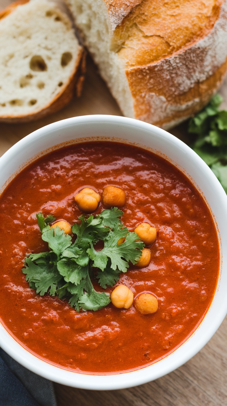 A bowl of spicy tomato and chickpea soup garnished with cilantro and chickpeas, accompanied by slices of bread.