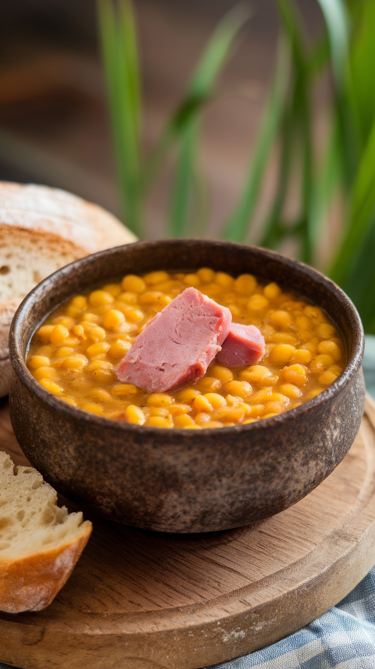 A bowl of split pea soup with ham served with bread on a wooden platter.