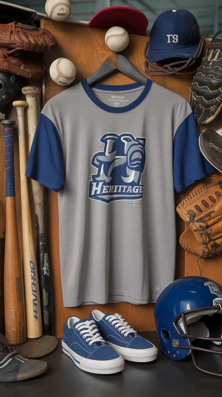 A sports team heritage t-shirt displayed with various sports equipment
