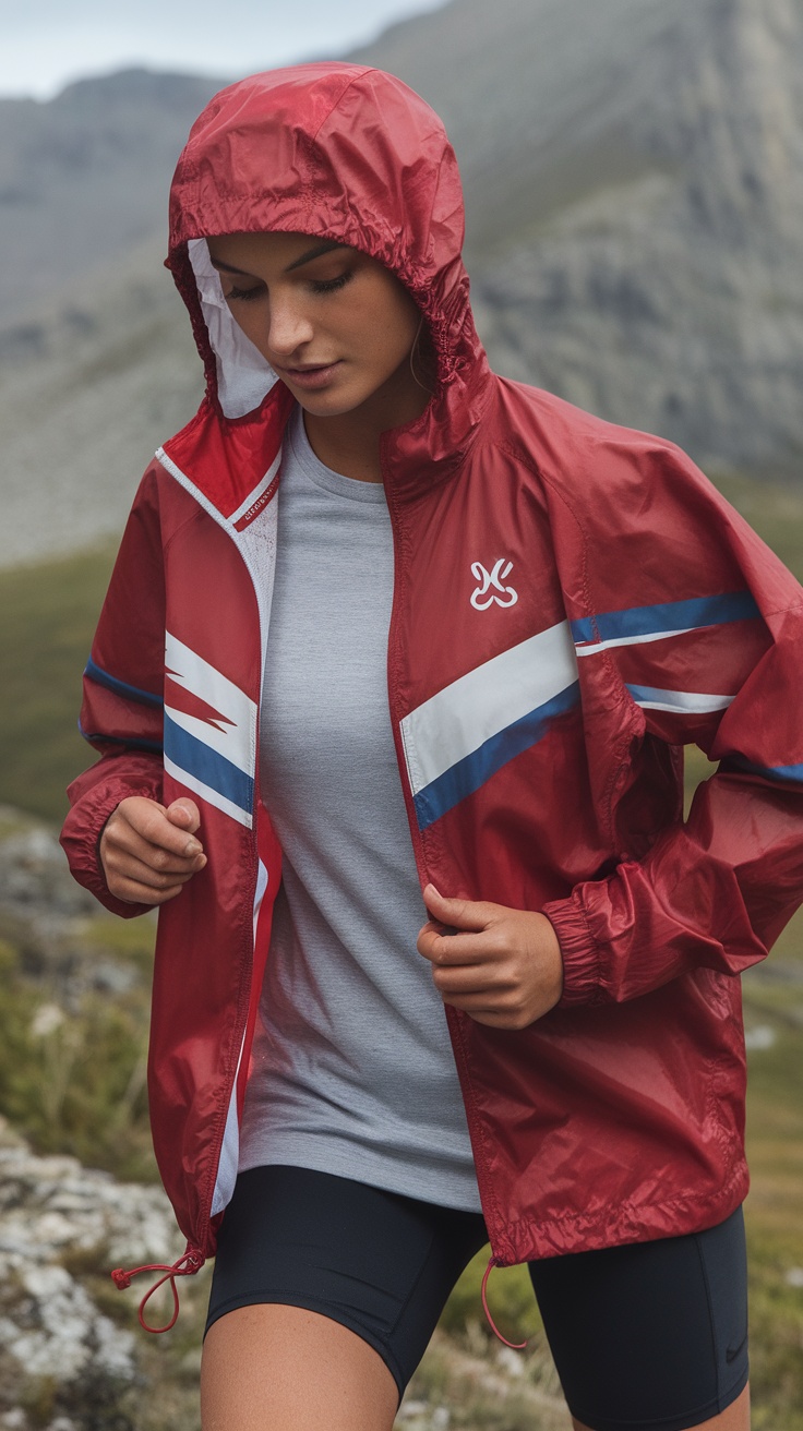 A woman wearing a cherry red windbreaker, looking down while walking outdoors.