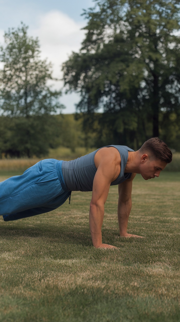 A man doing push-ups on grass, wearing a fitted tank top and blue baggy jeans, showcasing a sporty chic outfit.