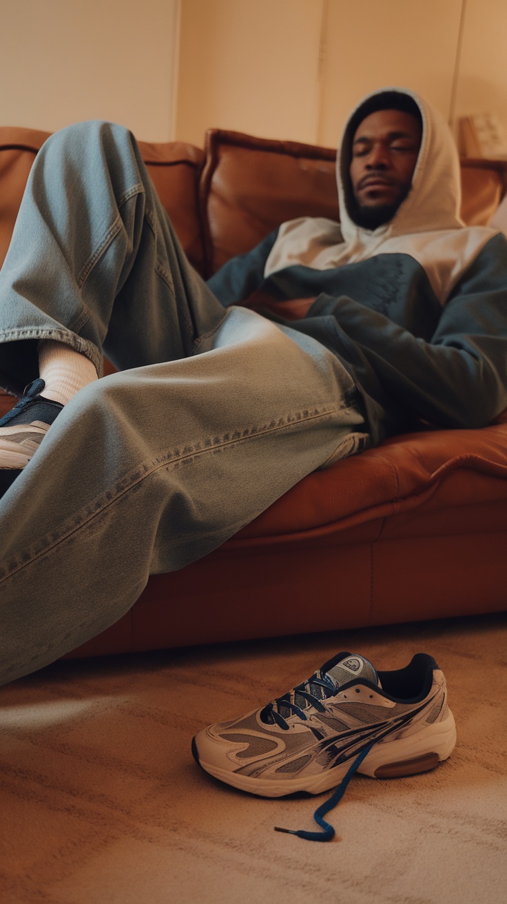 A man lounging in baggy jeans and a hoodie, wearing sporty sneakers.