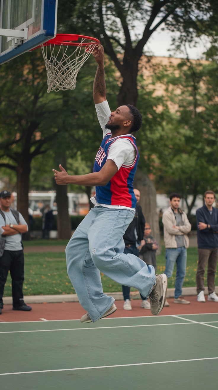 A man wearing baggy jeans and a basketball jersey jumps to dunk a basketball, surrounded by onlookers at a park.