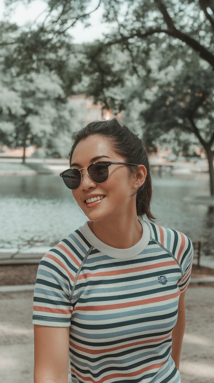 A woman wearing a colorful striped t-shirt and sunglasses, smiling outdoors by a pond.