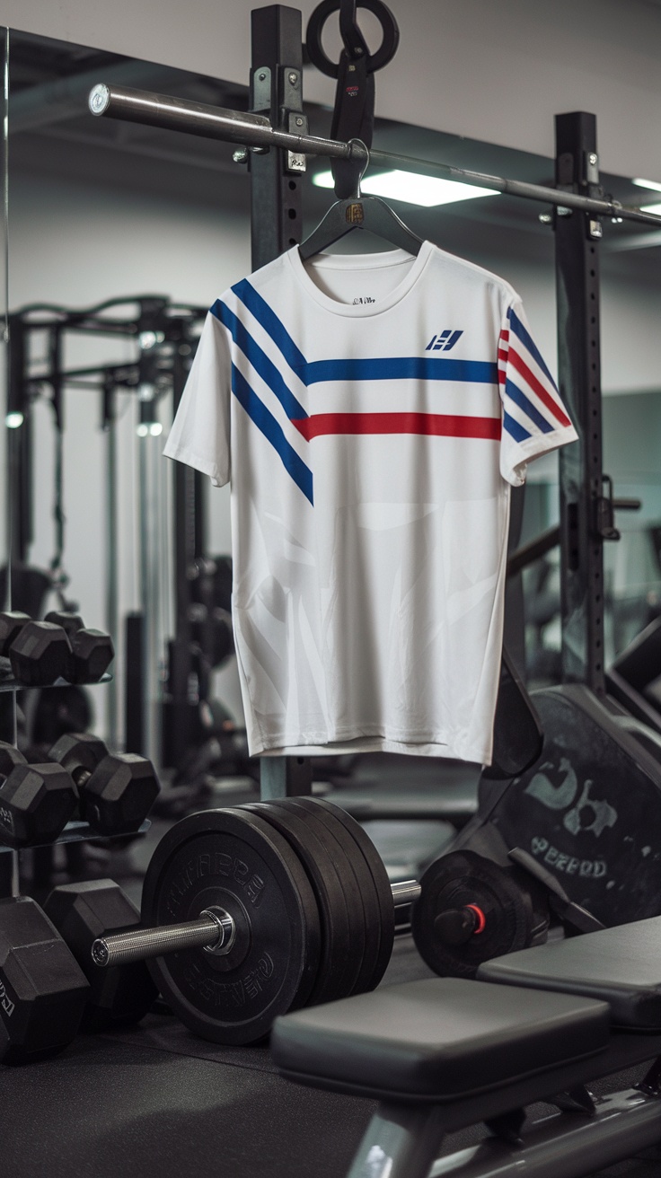 A sporty t-shirt with blue and red stripes hanging in a gym setting.