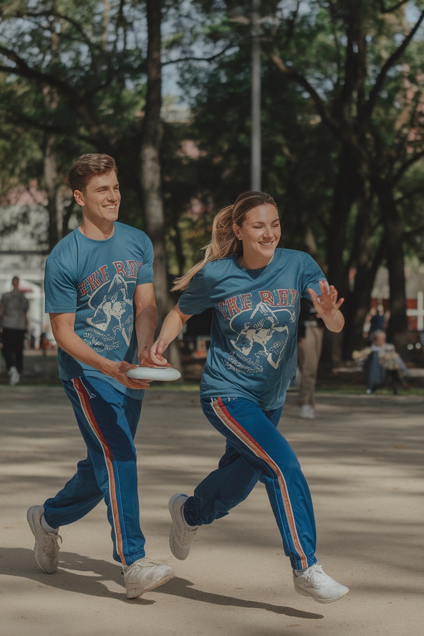 Couple playing frisbee in the park, wearing matching sporty track pants and graphic tees.