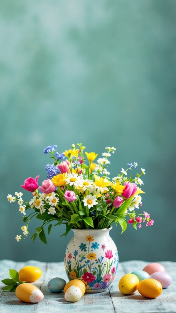 A vibrant bouquet of flowers in a decorative vase with Easter eggs around it