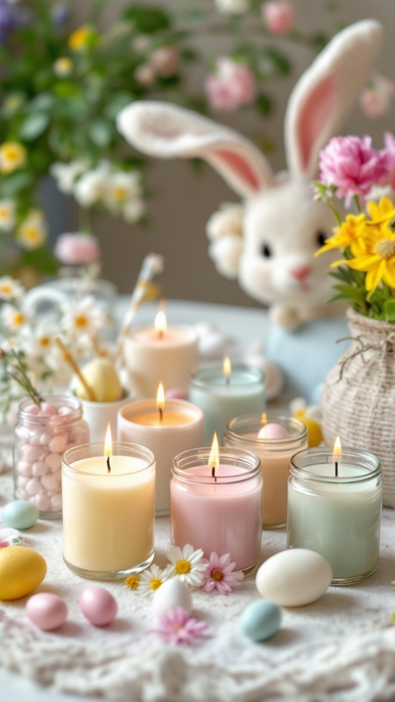 A beautiful display of spring scented candles surrounded by Easter decorations, including colorful eggs and a bunny.