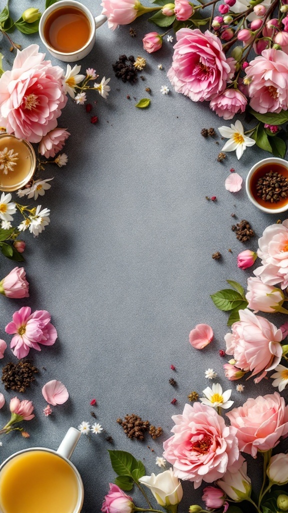 A flat lay of tea cups and flowers, representing springtime tea blends