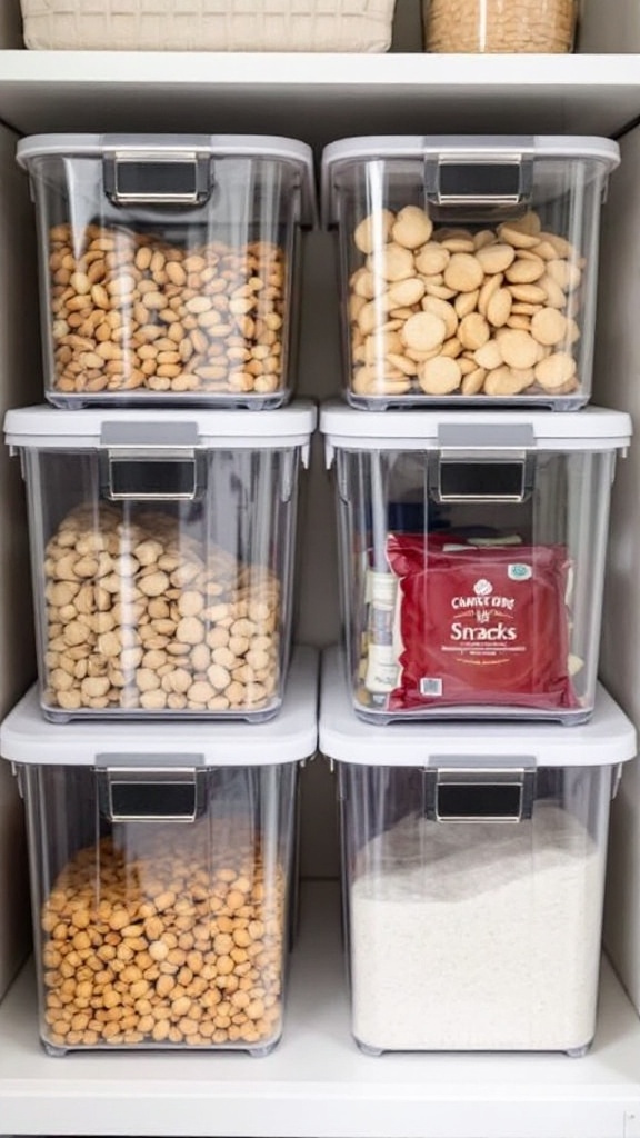 Pantry shelves organized with stackable bins filled with snacks and ingredients.