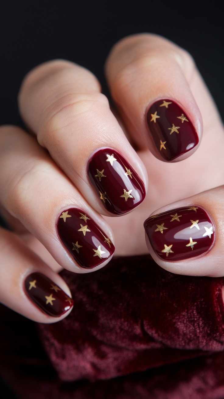 Dark cherry red nails with gold star designs