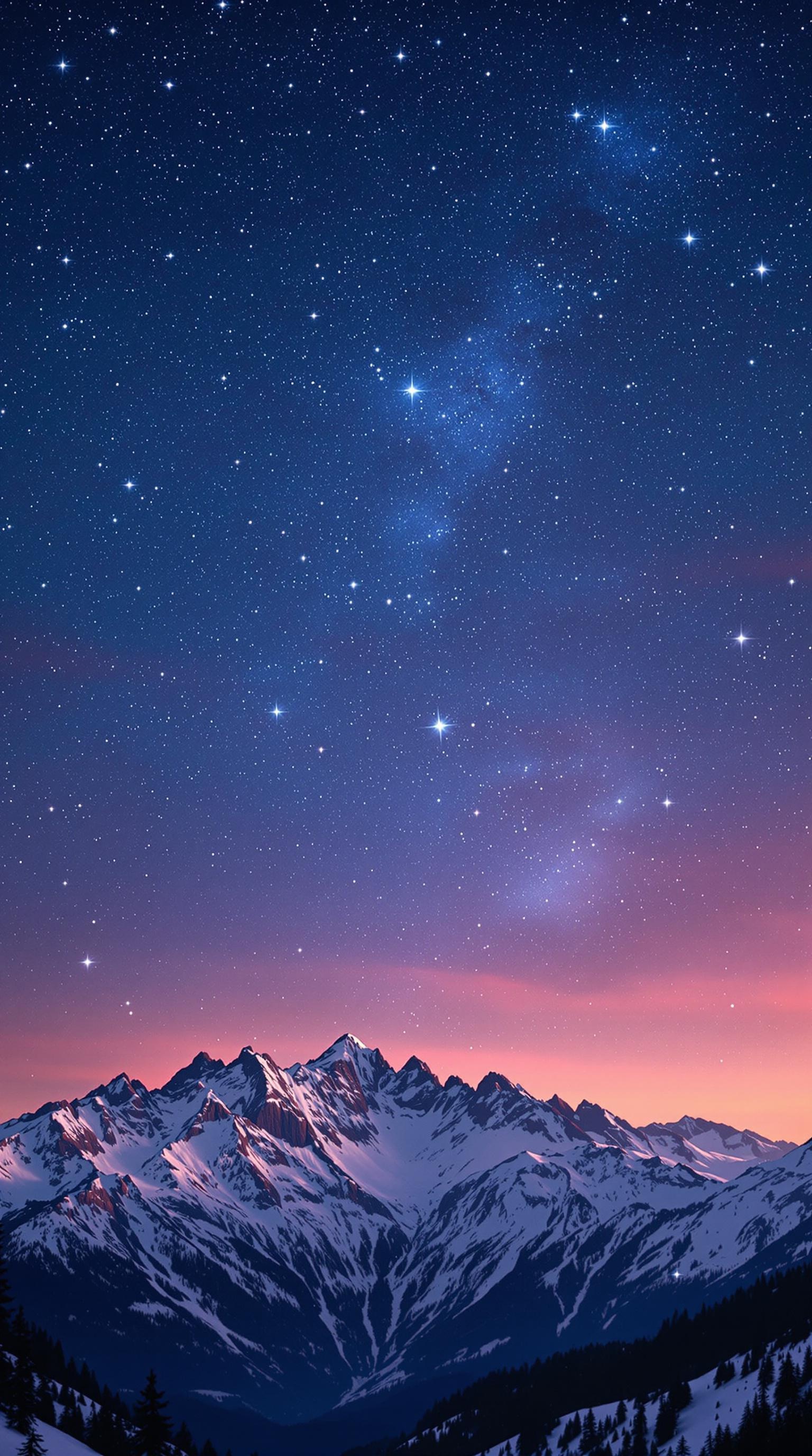 A clear starry night sky over majestic mountains with a hint of sunset colors.