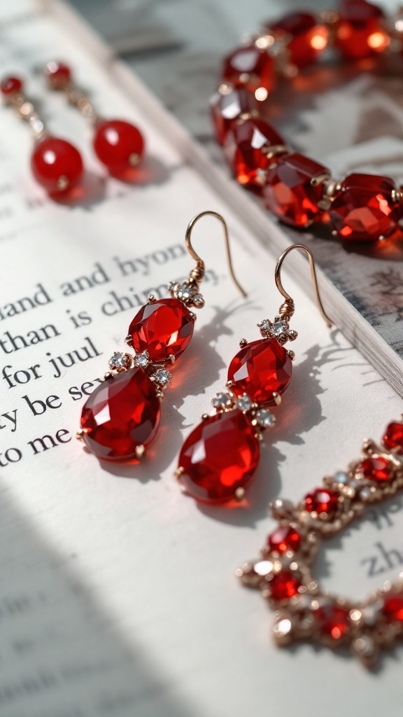 A close-up of cherry red jewelry on an open book, showcasing earrings and a bracelet.