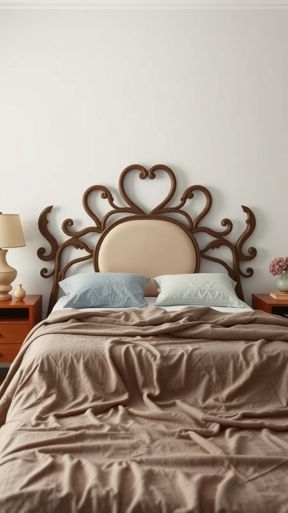 A stylish bedroom featuring an intricate brown headboard with swirling designs, complemented by soft bedding and bedside tables.