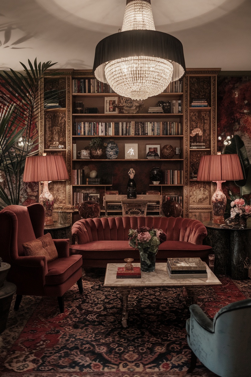 A cozy maximalist living room featuring a large chandelier and elegant lamps, surrounded by eclectic decor.