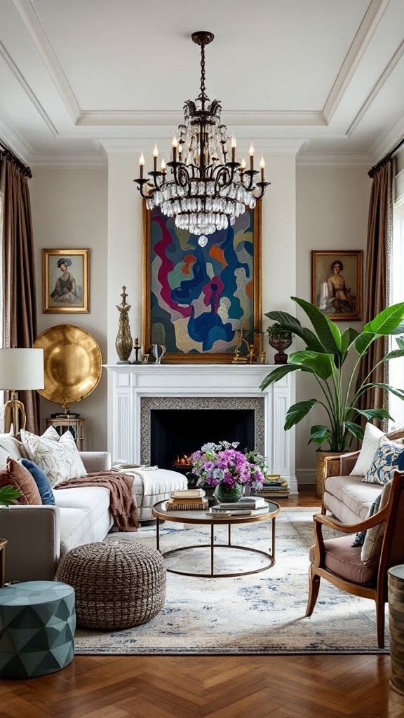 A beautifully decorated maximalist living room featuring a stunning chandelier, elegant furniture, and vibrant decor.