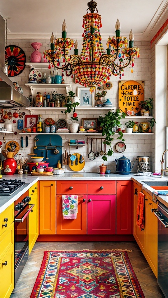 A colorful maximalist kitchen with a vibrant chandelier, bright cabinets, and a decorative rug