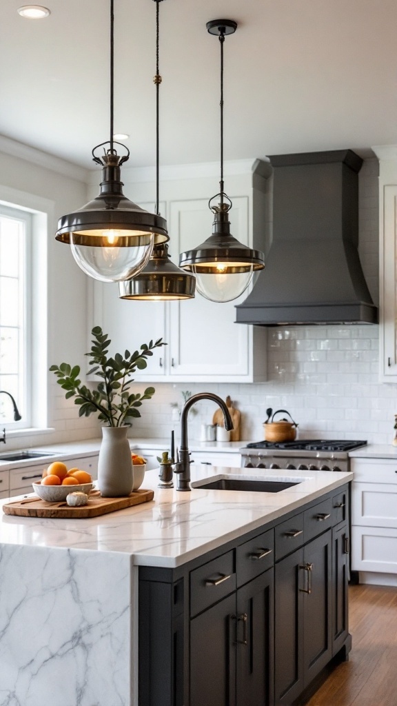 Stylish pendant lights hanging over a kitchen island with a marble countertop.