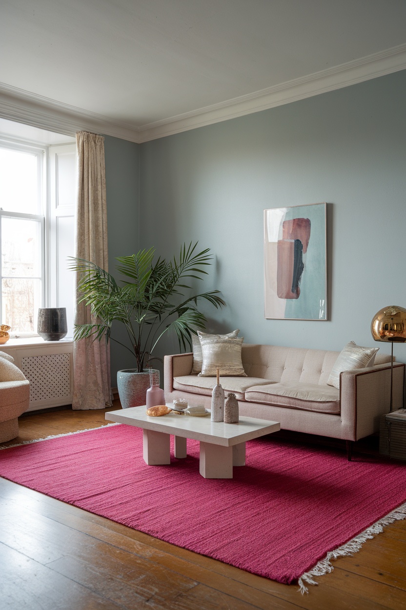 A cozy living room featuring a pink rug, beige sofa, and decorative plants.