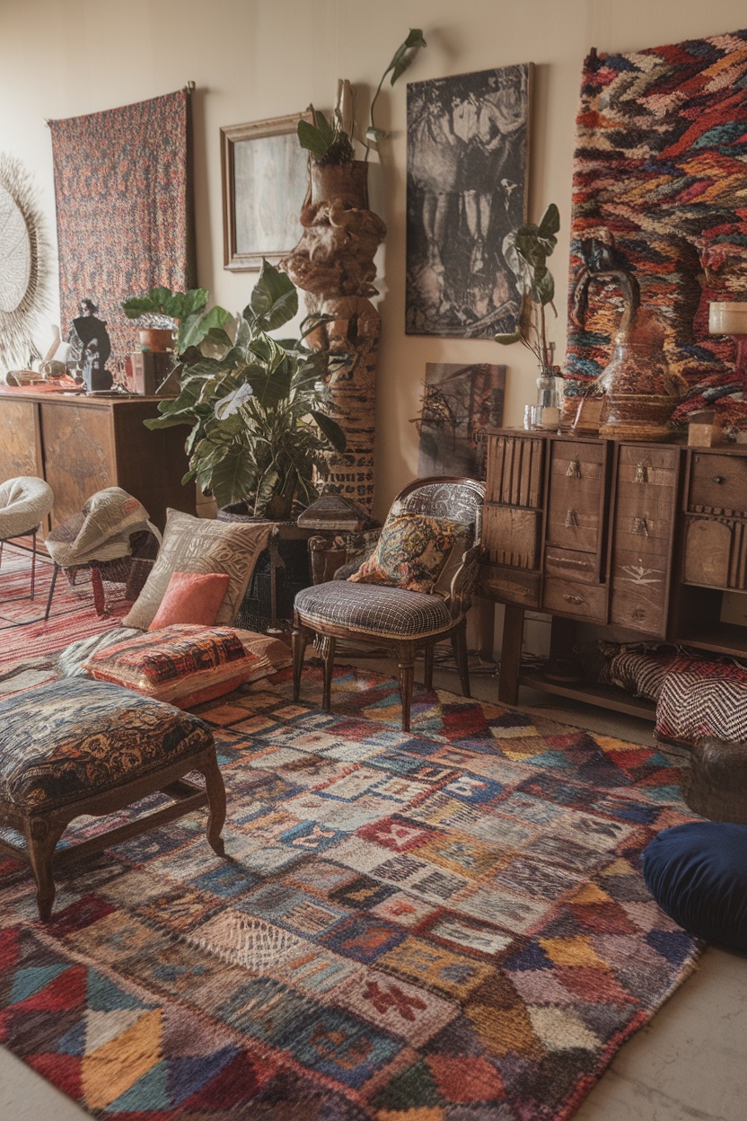 An eclectic apartment interior showcasing a vibrant, patterned statement rug surrounded by various decorative elements.