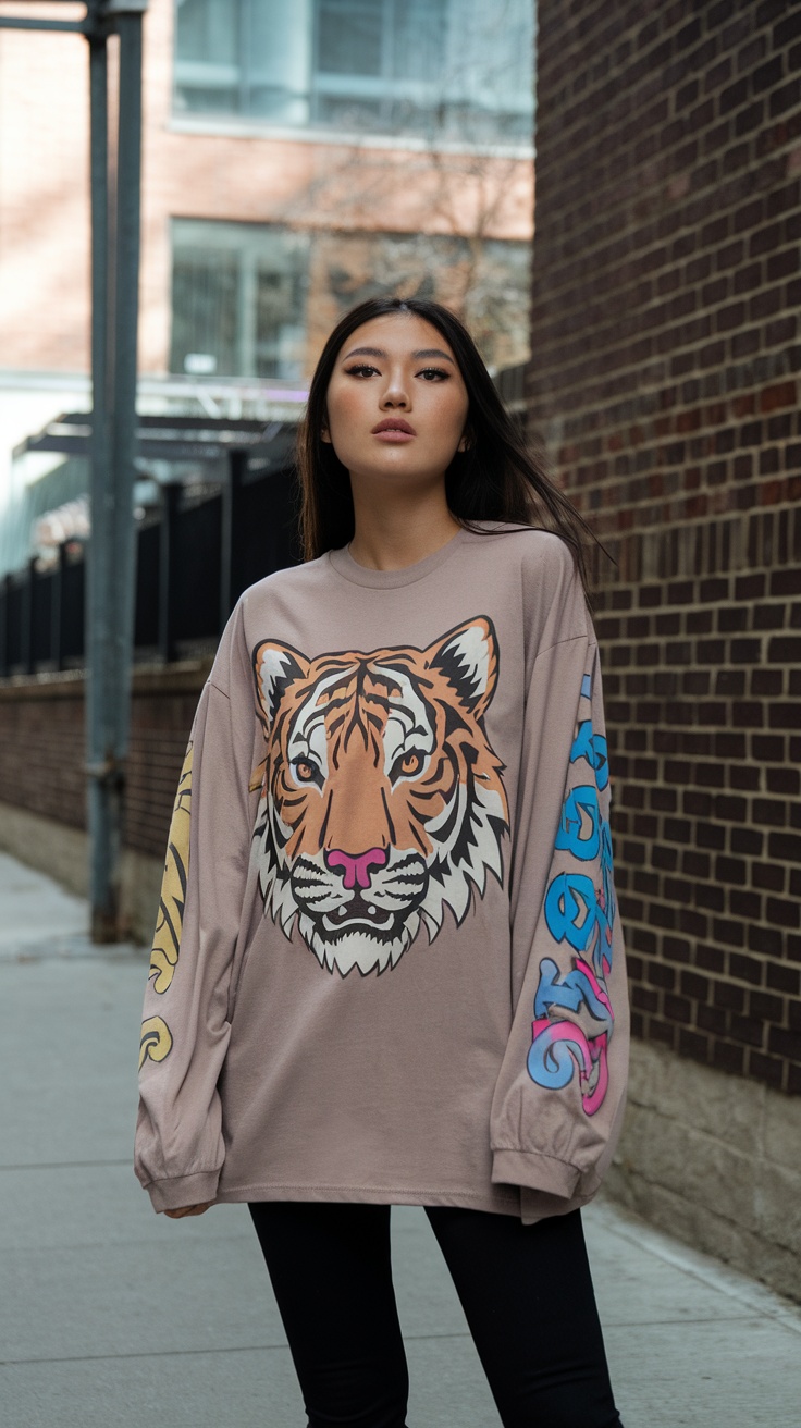 A young woman wearing a long-sleeve t-shirt with a tiger graphic and colorful designs on the sleeves, standing in an urban setting.