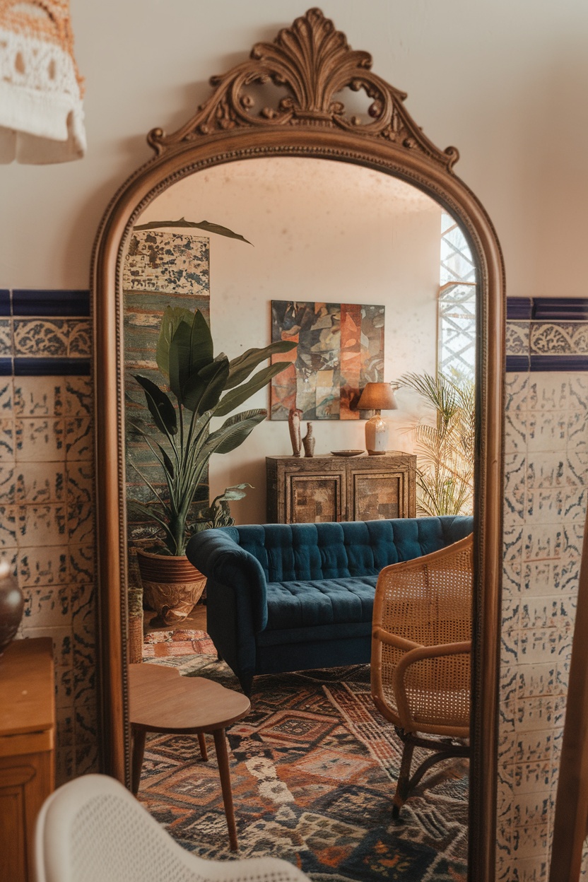 A vintage ornate mirror reflecting a cozy interior with a blue couch and plants