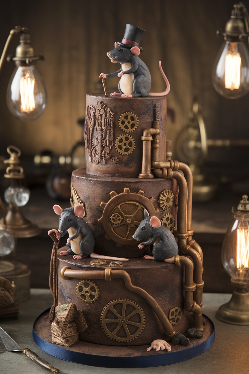 A steampunk-themed cake featuring rat figurines and gears, creating an inventive and whimsical look.