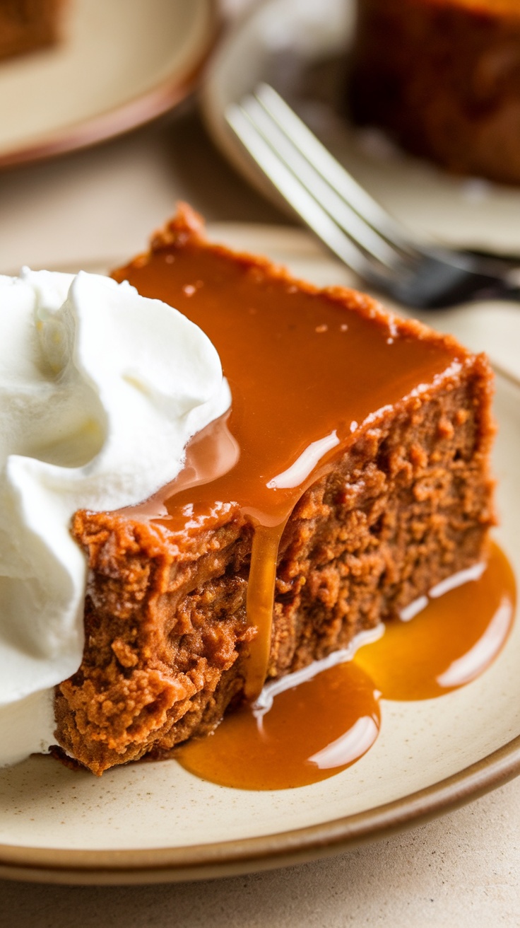 A slice of sticky toffee pudding topped with caramel sauce and whipped cream.