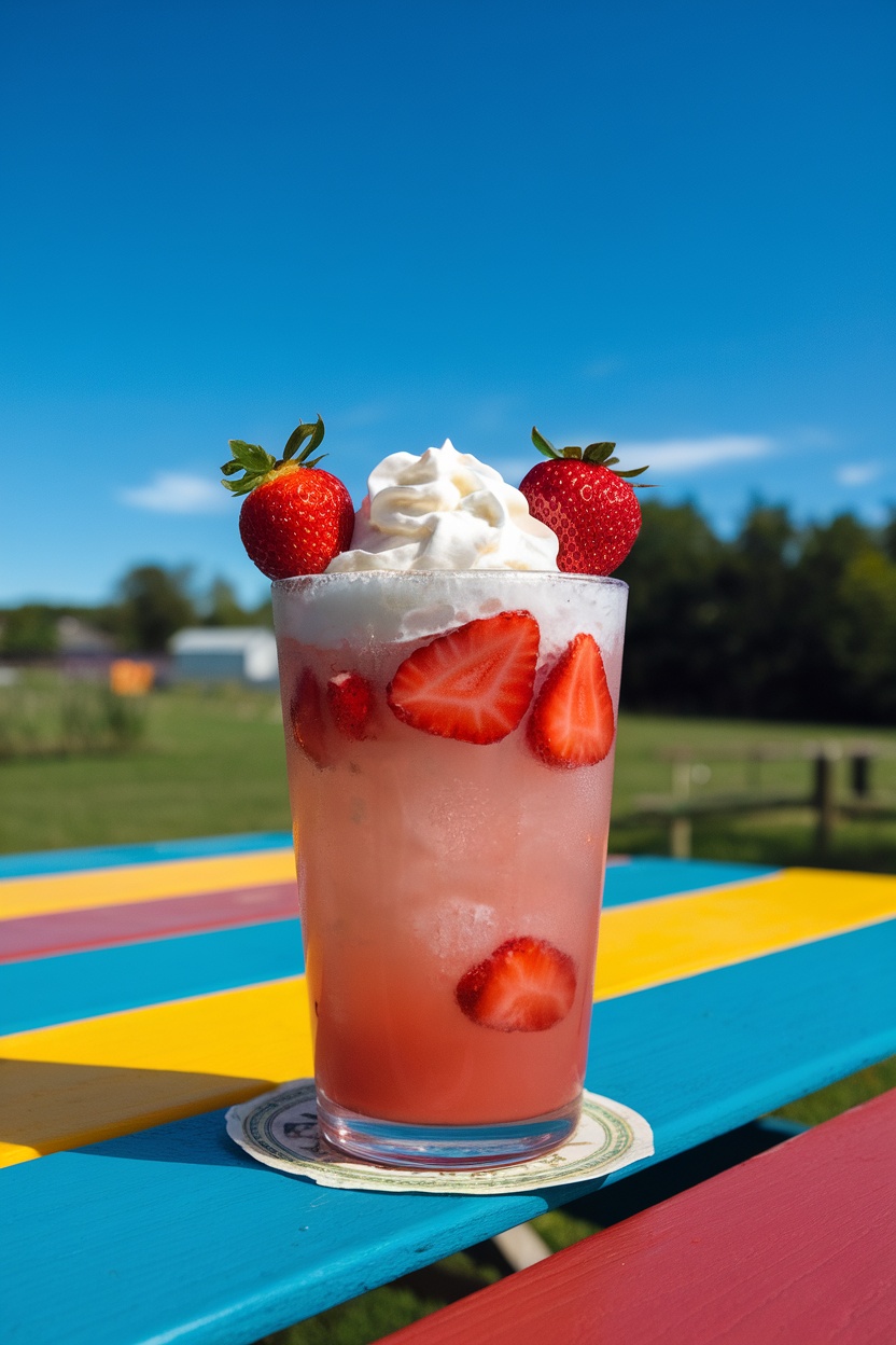 A refreshing Strawberry Lemonade Float with fresh strawberries and whipped cream on top, set against a clear blue sky.