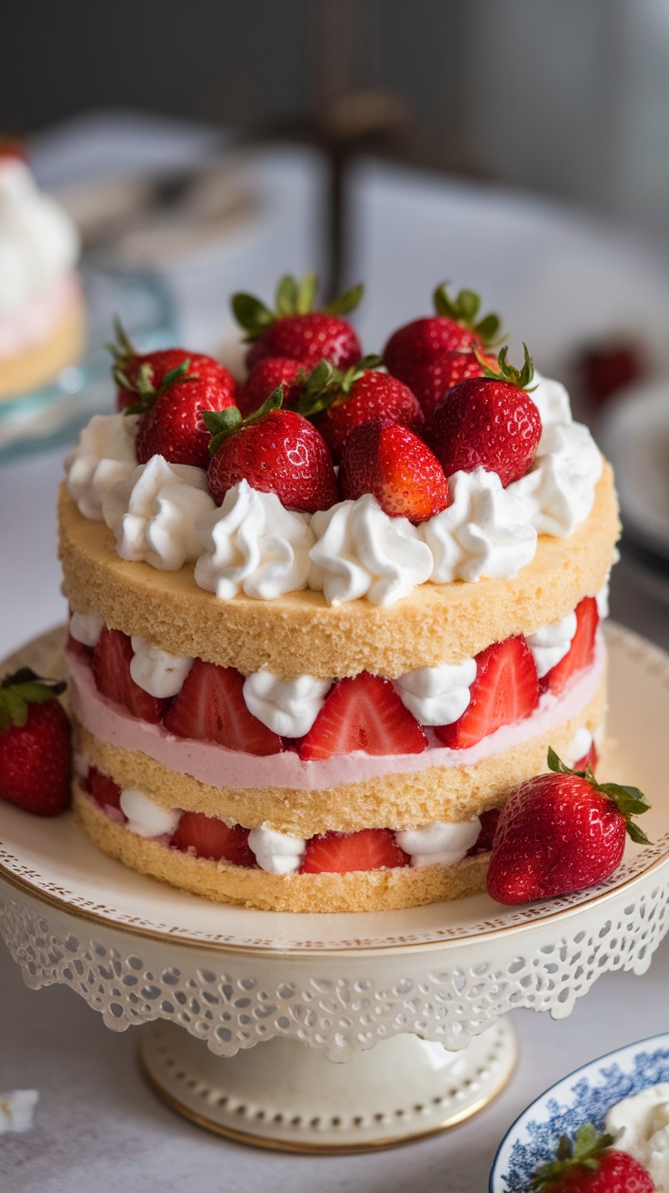 A beautifully layered strawberry shortcake topped with fresh strawberries and whipped cream.