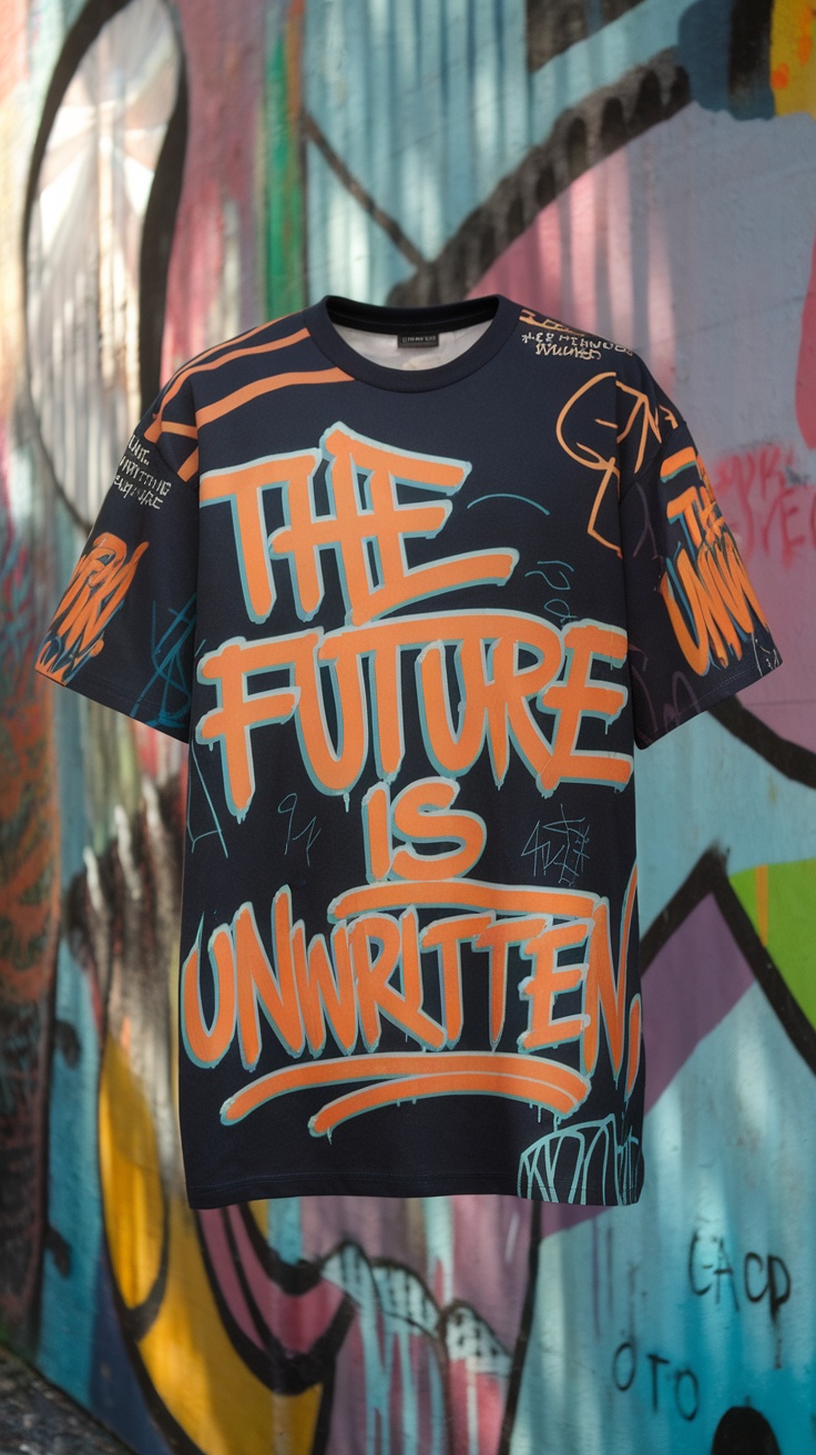 A streetwear t-shirt featuring graffiti-style text that reads 'THE FUTURE IS UNWRITTEN' against a colorful backdrop.