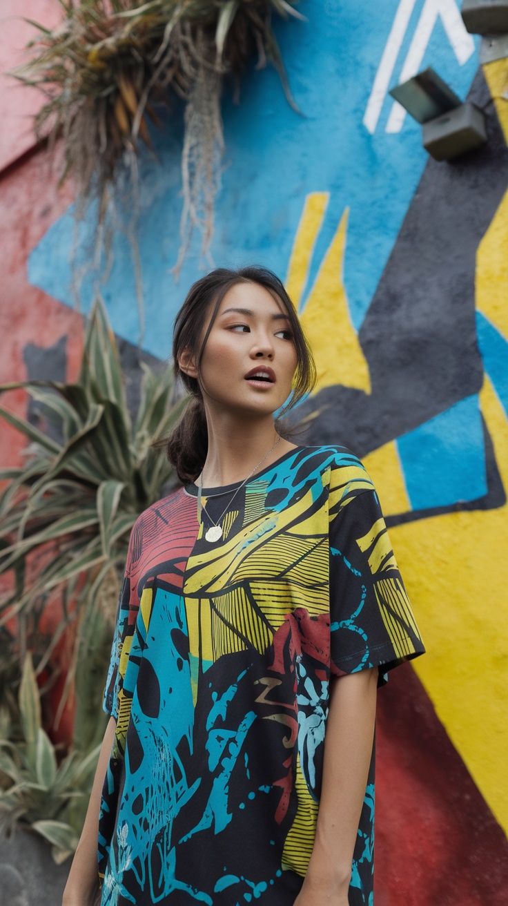 A woman wearing a colorful street art inspired t-shirt in front of a vibrant mural.