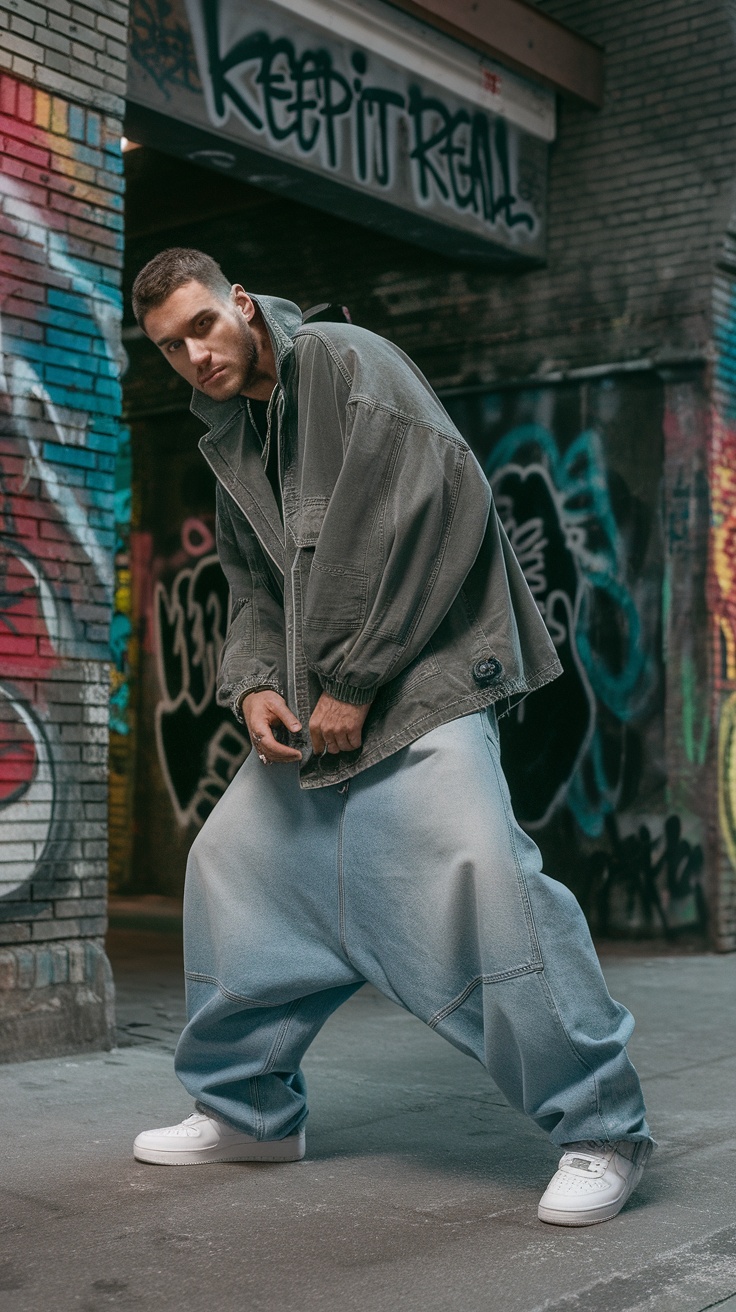 A man wearing oversized baggy jeans and an oversized jacket in front of colorful graffiti.