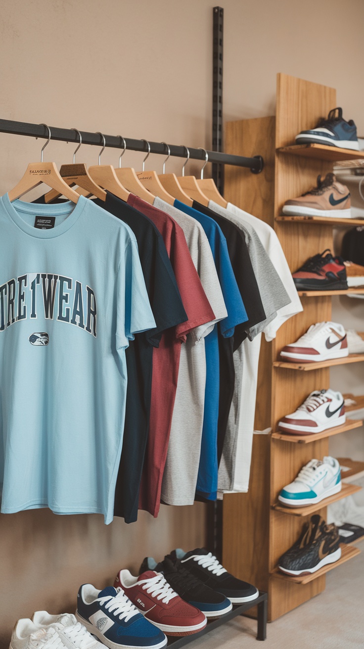 A colorful array of t-shirts displayed on a rack, showcasing various styles for trendy streetwear.