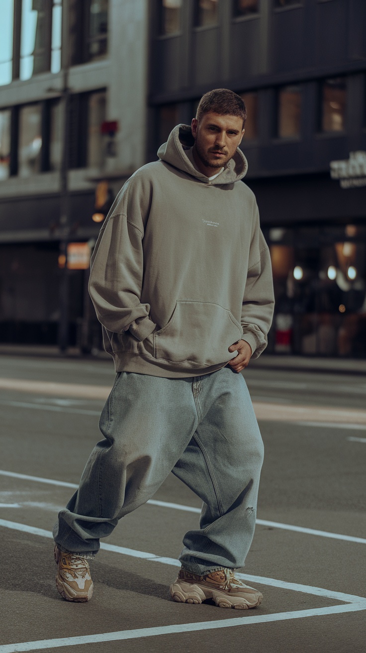 A man wearing baggy jeans and an oversized hoodie, styled with chunky sneakers, posing on a city street.