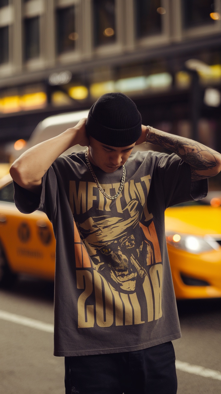 A stylish man in a graphic t-shirt and beanie, standing in an urban setting with a yellow taxi in the background.