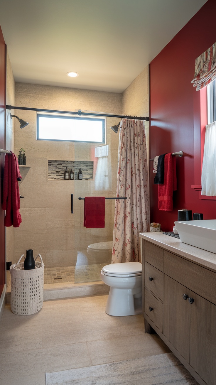 A bathroom featuring striking cherry red accents with modern design elements.