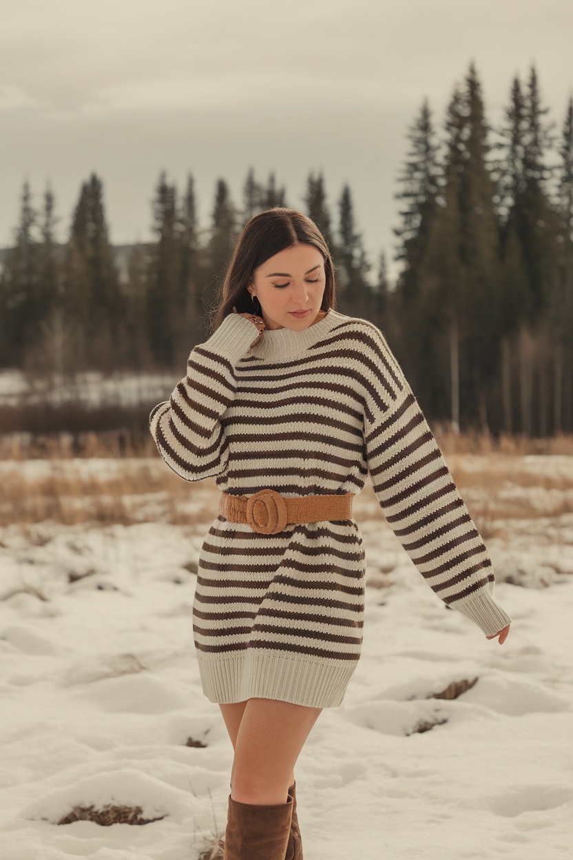 Woman wearing a striped sweater dress with a thick belt, standing in snow-covered grass with pine trees in the background.