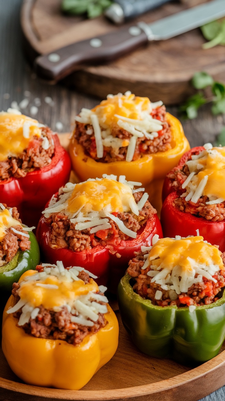 Colorful stuffed bell peppers filled with ground beef and rice, topped with cheese.