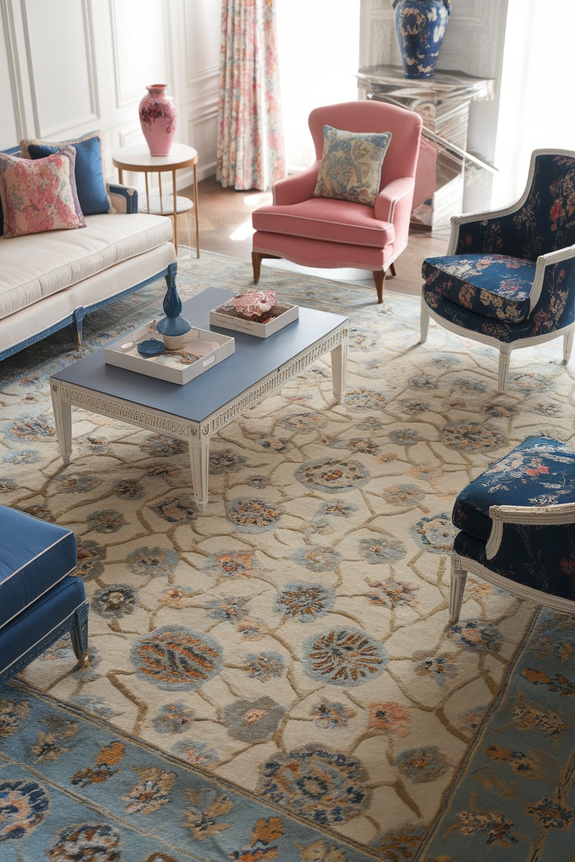 A stylish living room featuring a floral area rug, elegant furniture, and decorative accessories.