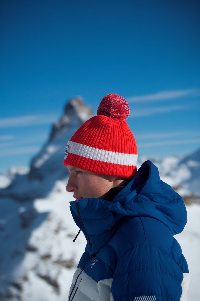 A young man wearing a red beanie with a pom-pom, standing against a snowy mountain backdrop.