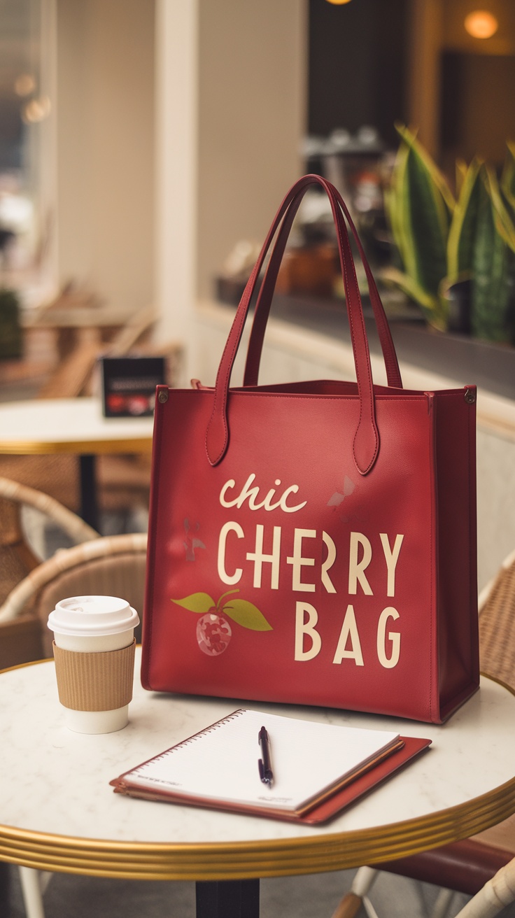 A stylish cherry red tote bag with the words 'chic CHERRY BAG' on it, sitting on a table next to a coffee cup and a notepad.