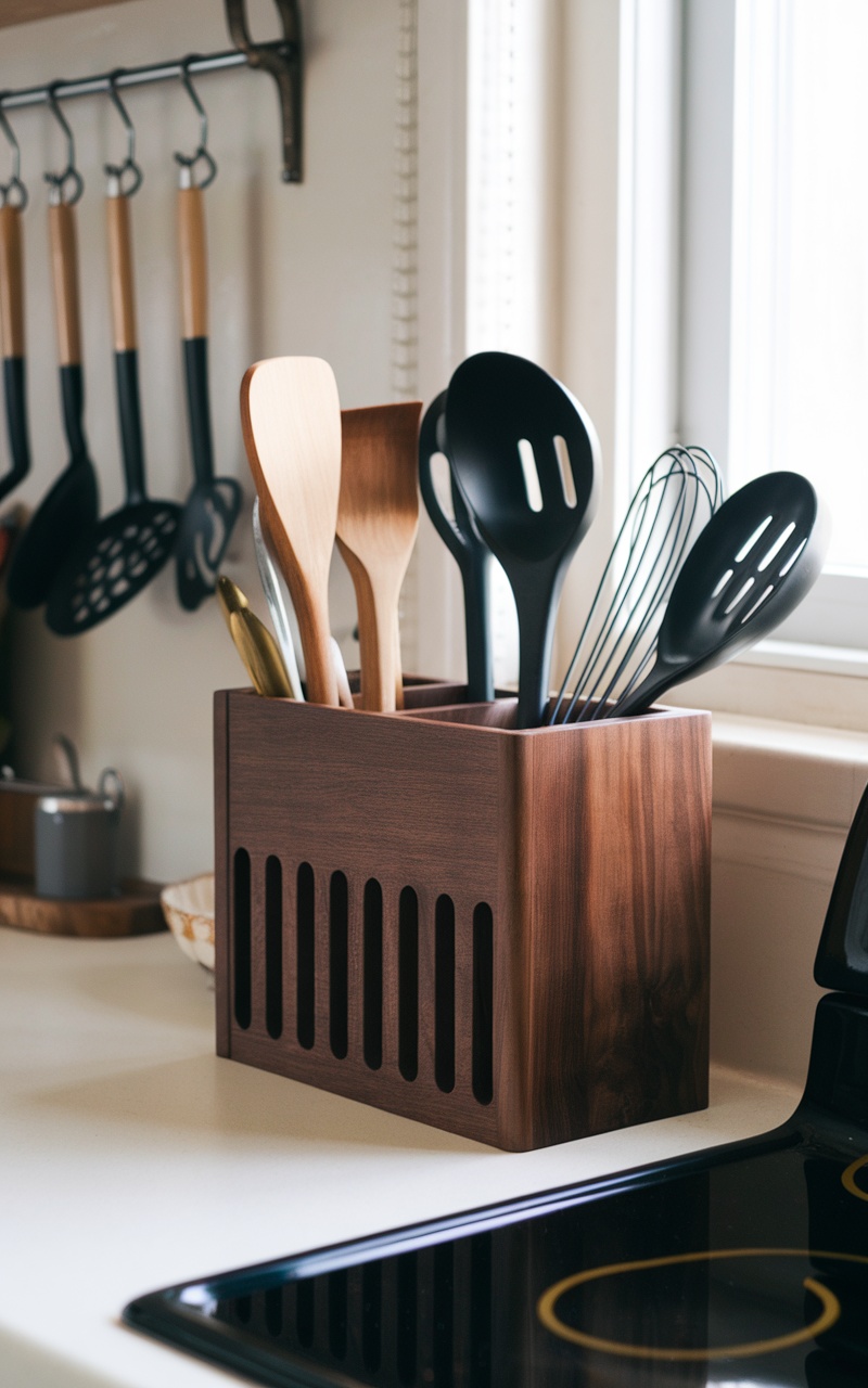 Stylish cherry wood utensil holder with wooden and black utensils